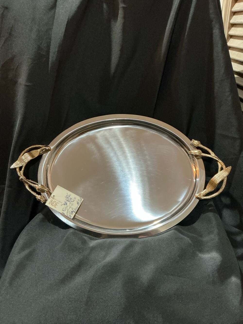 INDE Stainless Steel Oval Serving Tray with Gold Floral Branch Handles